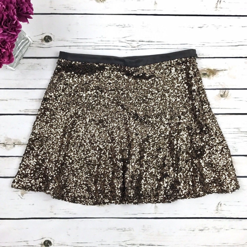 Express Gold Black Flare Skater Sequin Mini Skirt